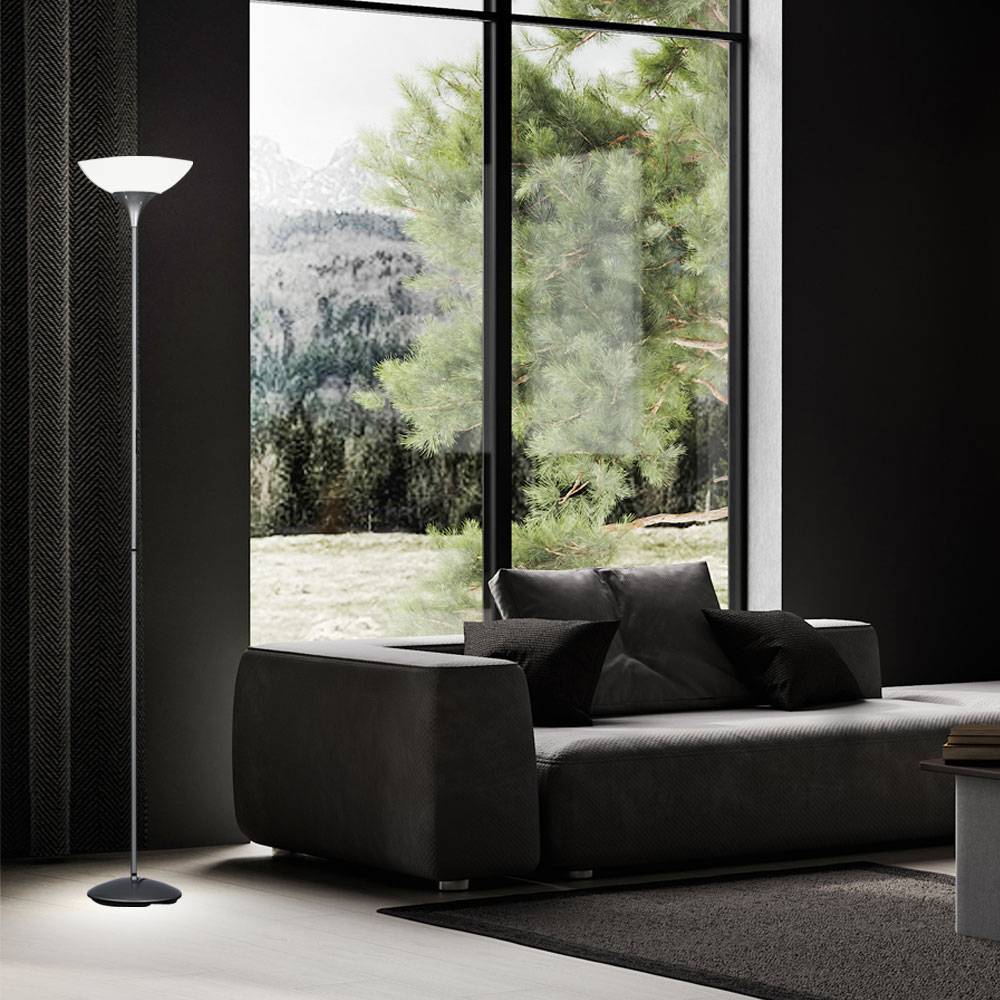 Stehleuchte Stehlampe Deckenfluter Wohnzimmerlampe, Schnurschalter, Metall titanfarben weiß, 1x E27 Fassung, DxH 28x180cm