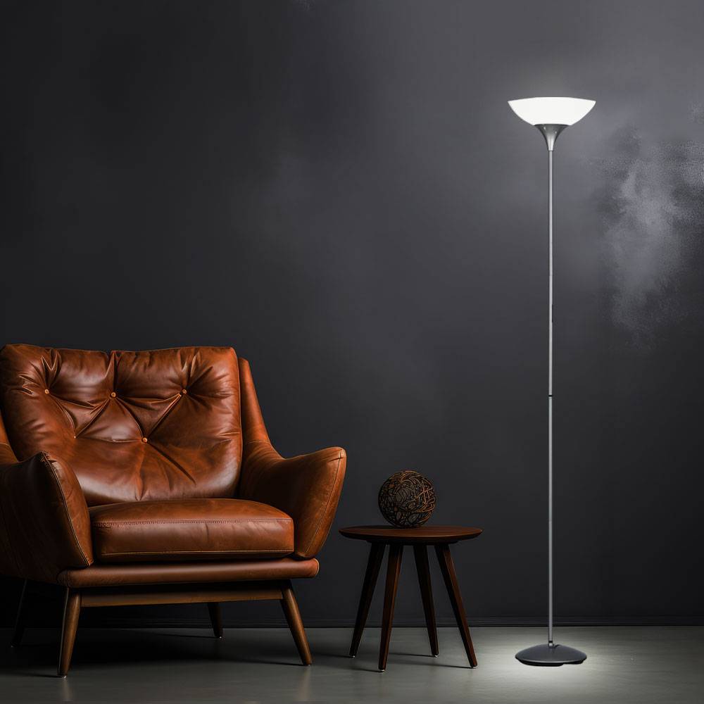 Stehleuchte Stehlampe Deckenfluter Wohnzimmerlampe, Schnurschalter, Metall titanfarben weiß, 1x E27 Fassung, DxH 28x180cm