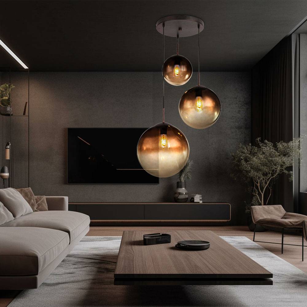 Hängelampe Pendelleuchte Glas 3 flammig GlaskugelHängelampe Glaskugel Esstischlampe, Metall braun, 3x E27 Fassungen, DxH 51x120 cm