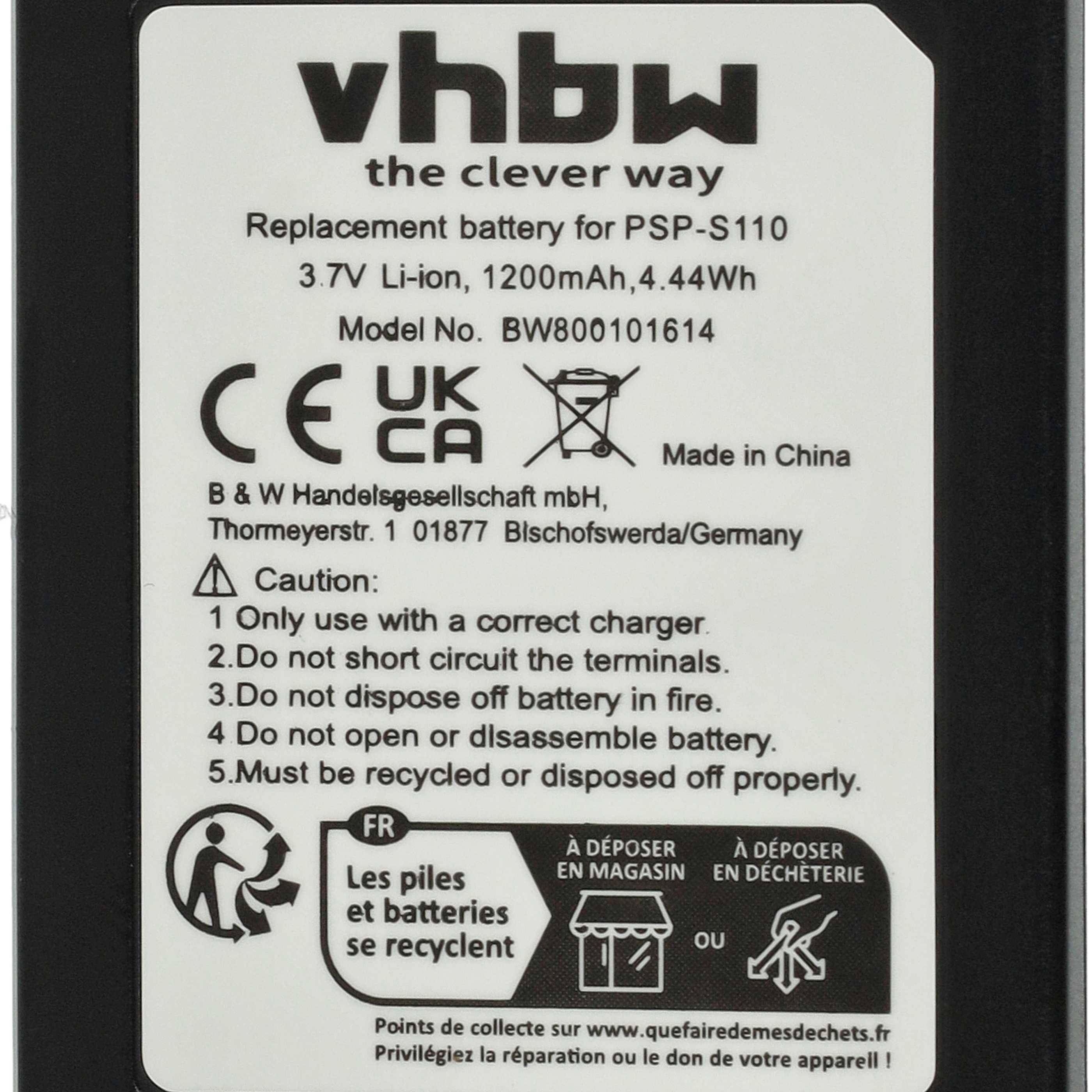 vhbw Akku kompatibel mit Sony Playstation Portable Slim &amp; Lite PSP-2001 | PSP-2002, PSP-3001, PSP-3002 (1200mAh, 3,7V, Li-Ion)