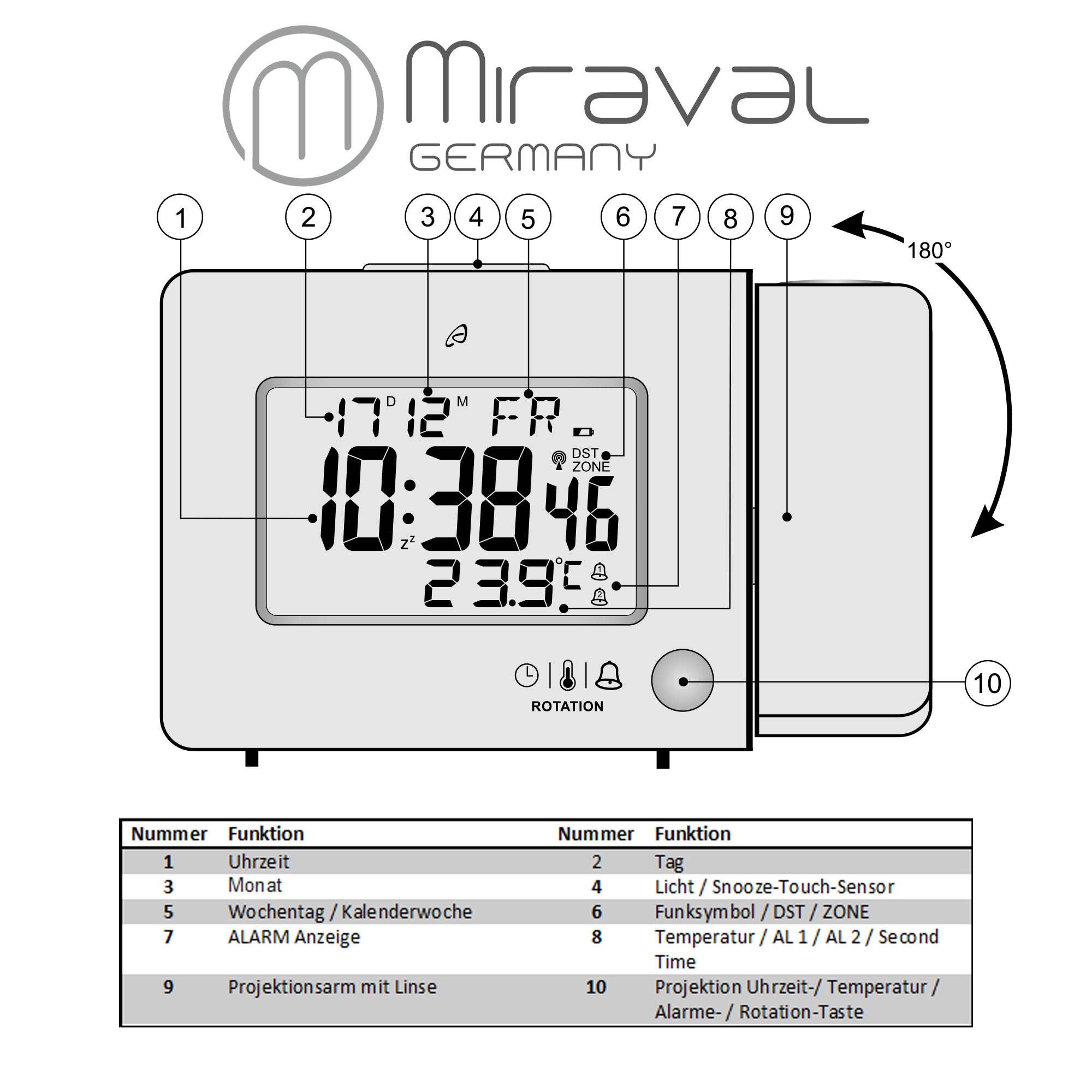 Miraval Funk-Projektionswecker Funkwecker USB 2 Alarme Temperaturanzeige Datum - 4-MV5822-1