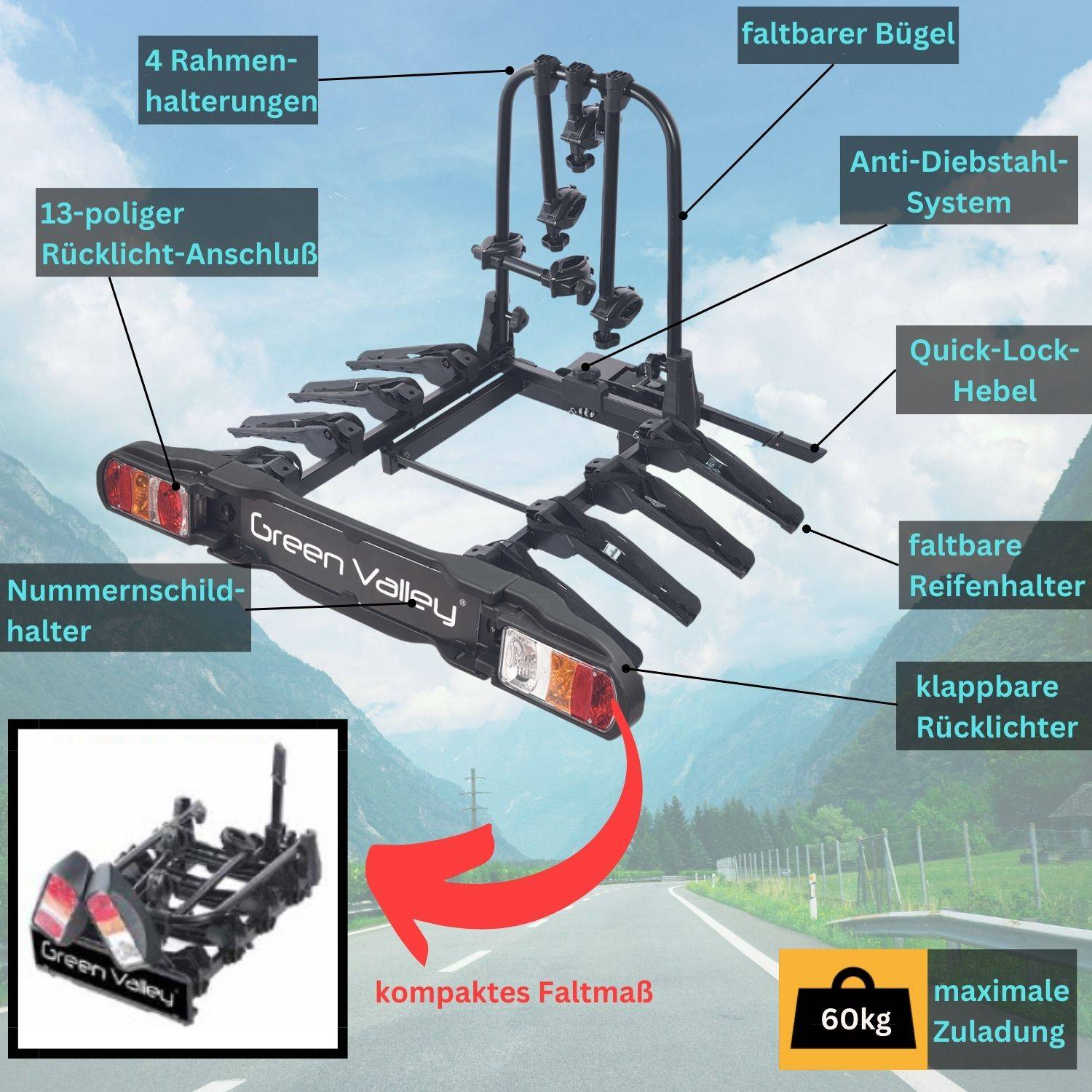 eBike Fahrradträger für Anhängerkupplung Fahrrad Heckträger Radträger - Discovery 4 - für 4 Fahrräder - 60kg Zuladung - am Fahrzeug klappbar -