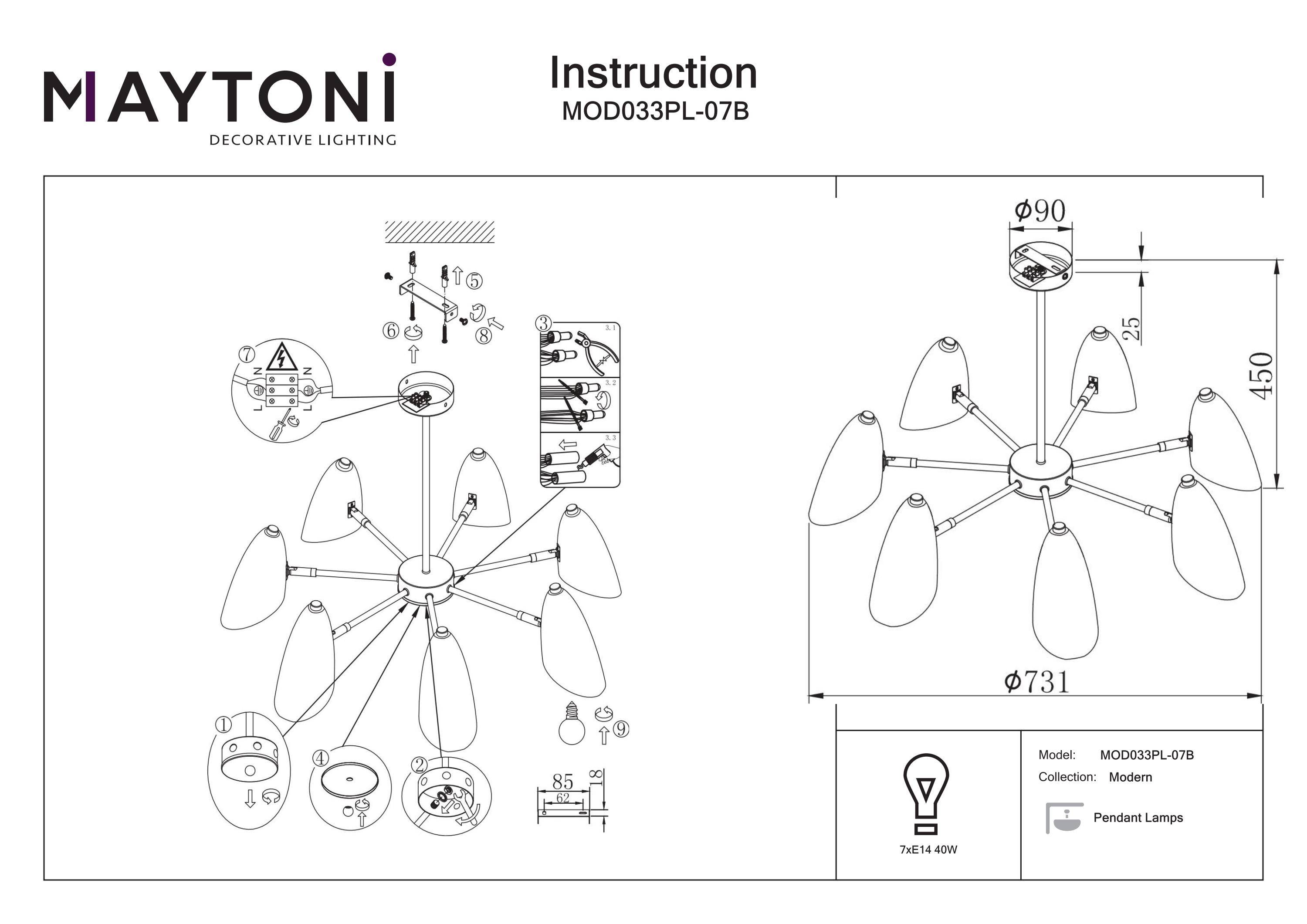 Moderner Kronleuchter aus Metall, Schwarz, 7-flammig, drehbare Lampenschirme, für 7 x E14 exkl. für Wohnzimmer, Küche, Schlafzimmer, Esszimmer und