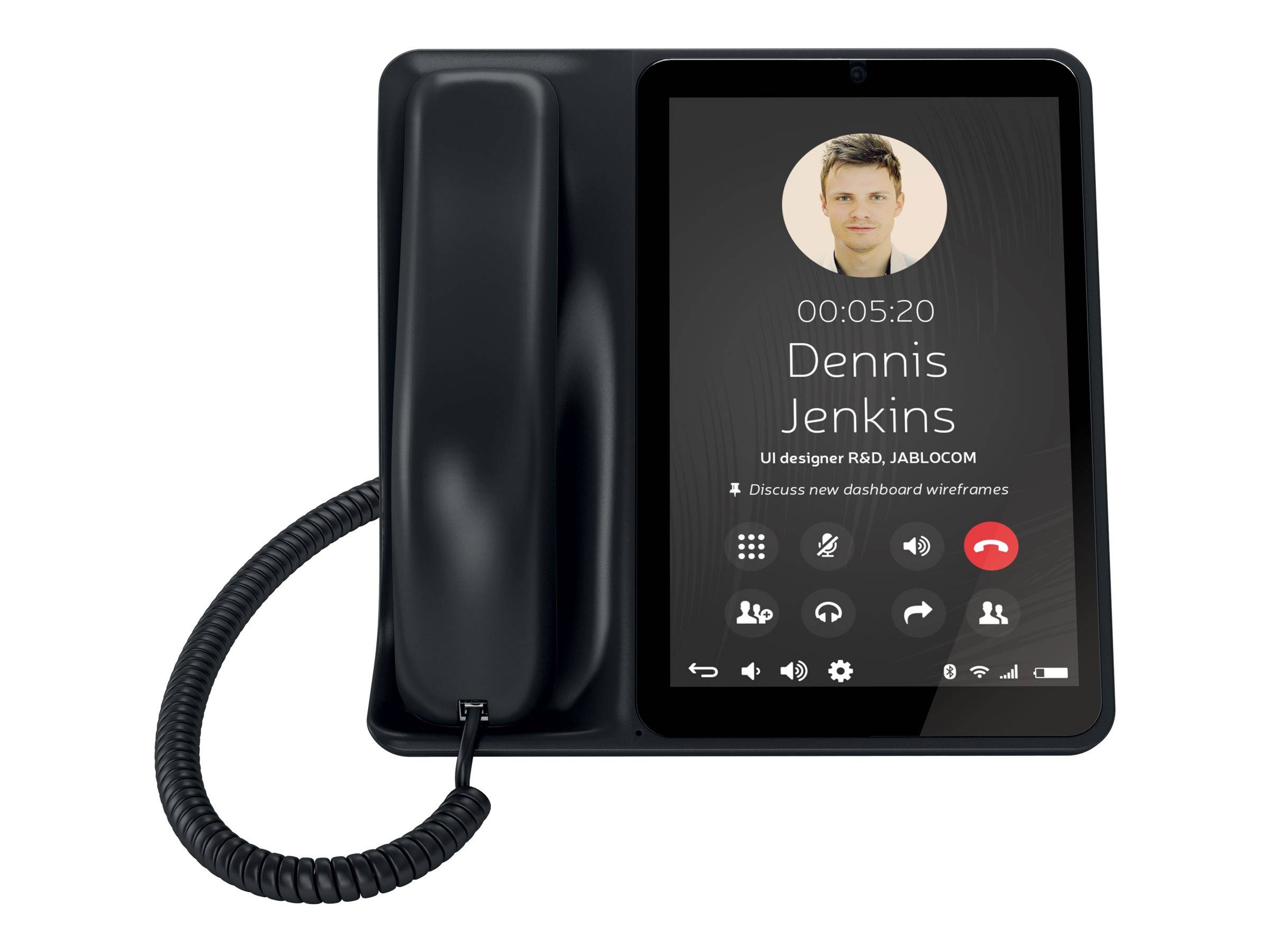 Schwarzes Schreibtischtelefon mit Touchscreen, das einen aktiven Anruf mit Dennis Jenkins, UI-Designer, anzeigt, mit einer 05:20-Stoppuhr und Anrufkontrollsymbolen.