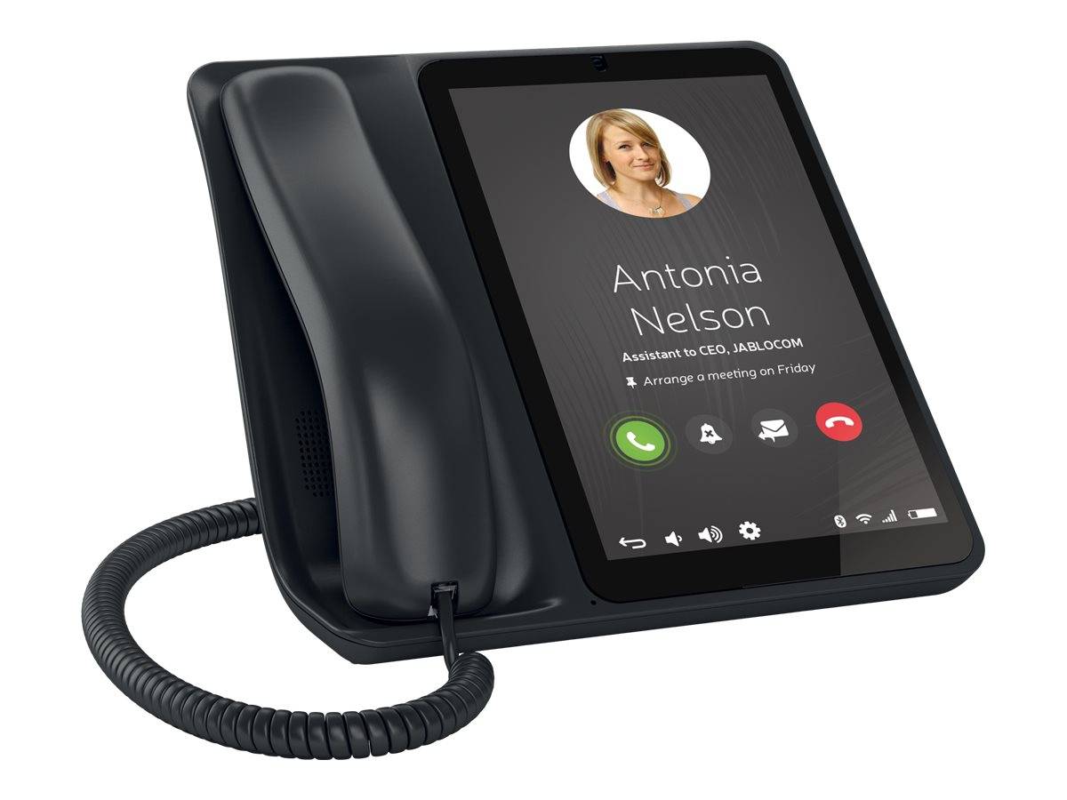Schreibtisch-VoIP-Telefon mit einem eingehenden Anruf von Antonia Nelson, gekennzeichnet als Assistentin der Geschäftsführung, mit Anruf- und Nachrichtensymbolen.