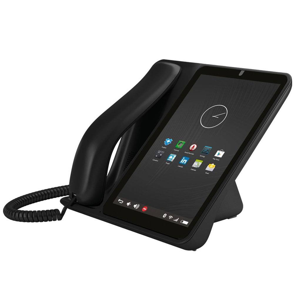 Schwarze Desktop-Dockingstation mit einer Hörerhalterung neben einem Tablet, das eine Uhr und App-Symbole auf dem Bildschirm anzeigt.