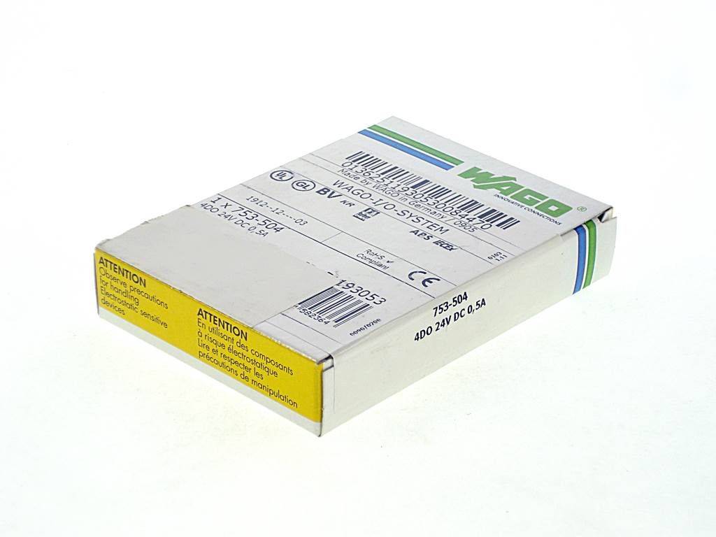 Eine weiße WAGO-Elektroverbinderkästchen-Verpackung mit Barcode-Etiketten, Produkttext und gelben Warnaufklebern, gezeigt auf weißem Hintergrund.