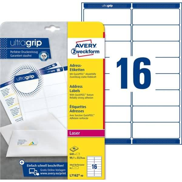 Adress-Etiketten ultragrip 99,1x33,9 mm VE=640 Etiketten / 40 Bogen weiß