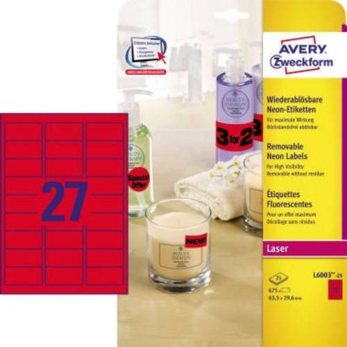 Avery Zweckform Neonrot Etiketten/L6003-25 63,5x29,6 mm Inh.675