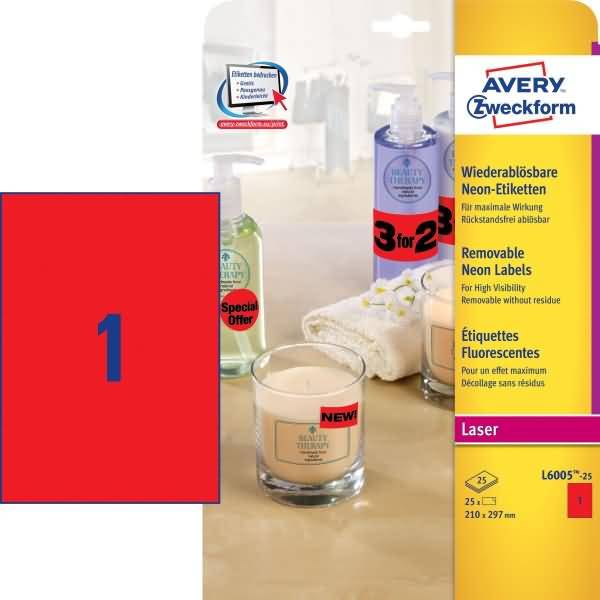 Avery Zweckform Neonrot Etiketten/L6005-25 210x297 mm Inh.25