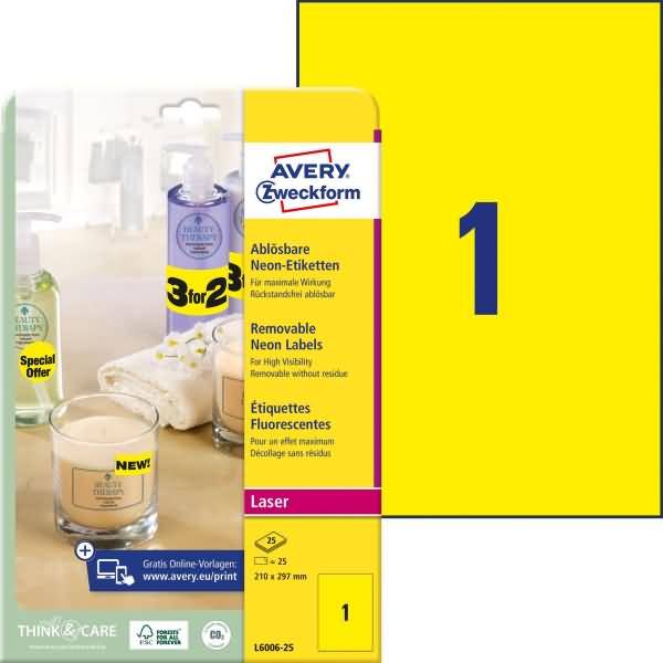 Avery Zweckform Neongelb Etiketten/L6006-25 210x297 mm Inh.25