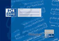 Blauer Oxford-Notizbuch-Umschlag mit Logo, leeres Etikettenfeld und Musiknotenenhintergrund; kleineres Oxford „Blatt