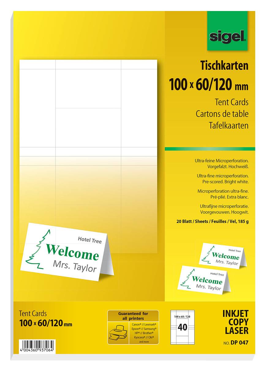 SIGEL Tischkarten, hochweiß, MP, 100x 60/120 mm (A4), 185 g, 40 Karten