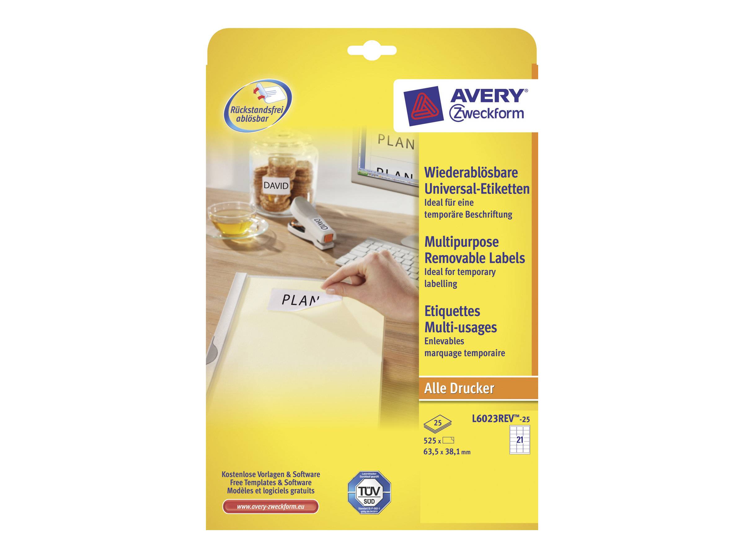 Avery L6023REV - Entfernbarer Klebstoff - weiß - 38.1 x 63.5 mm 525 Stck. (25 Bogen x 21) Etiketten