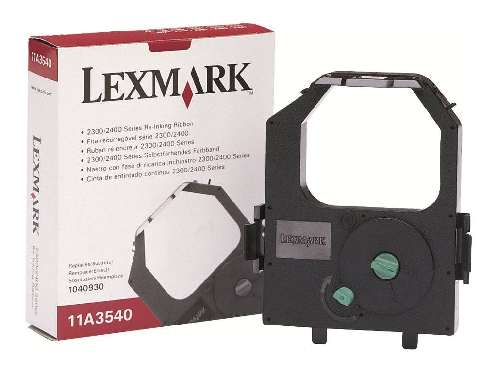 Lexmark-Druckerband-Kassette neben ihrer Einzelhandelskartone, beschriftet mit 11A3540 und 1040930, für Drucker der Serie 2300/2400.