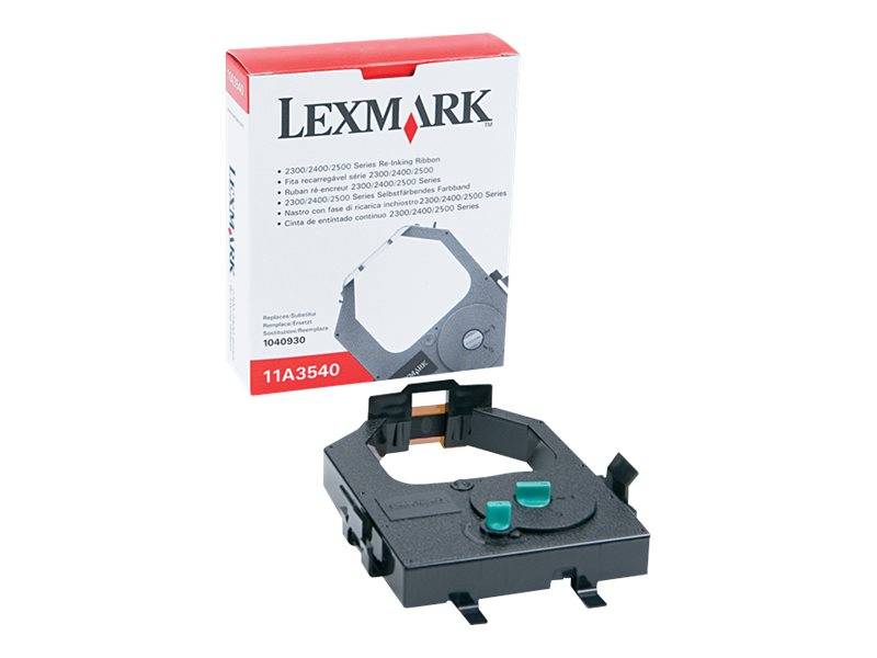 Lexmark-Druckerband-Kassette, dargestellt mit ihrer Produktverpackung darüber auf weißem Hintergrund.