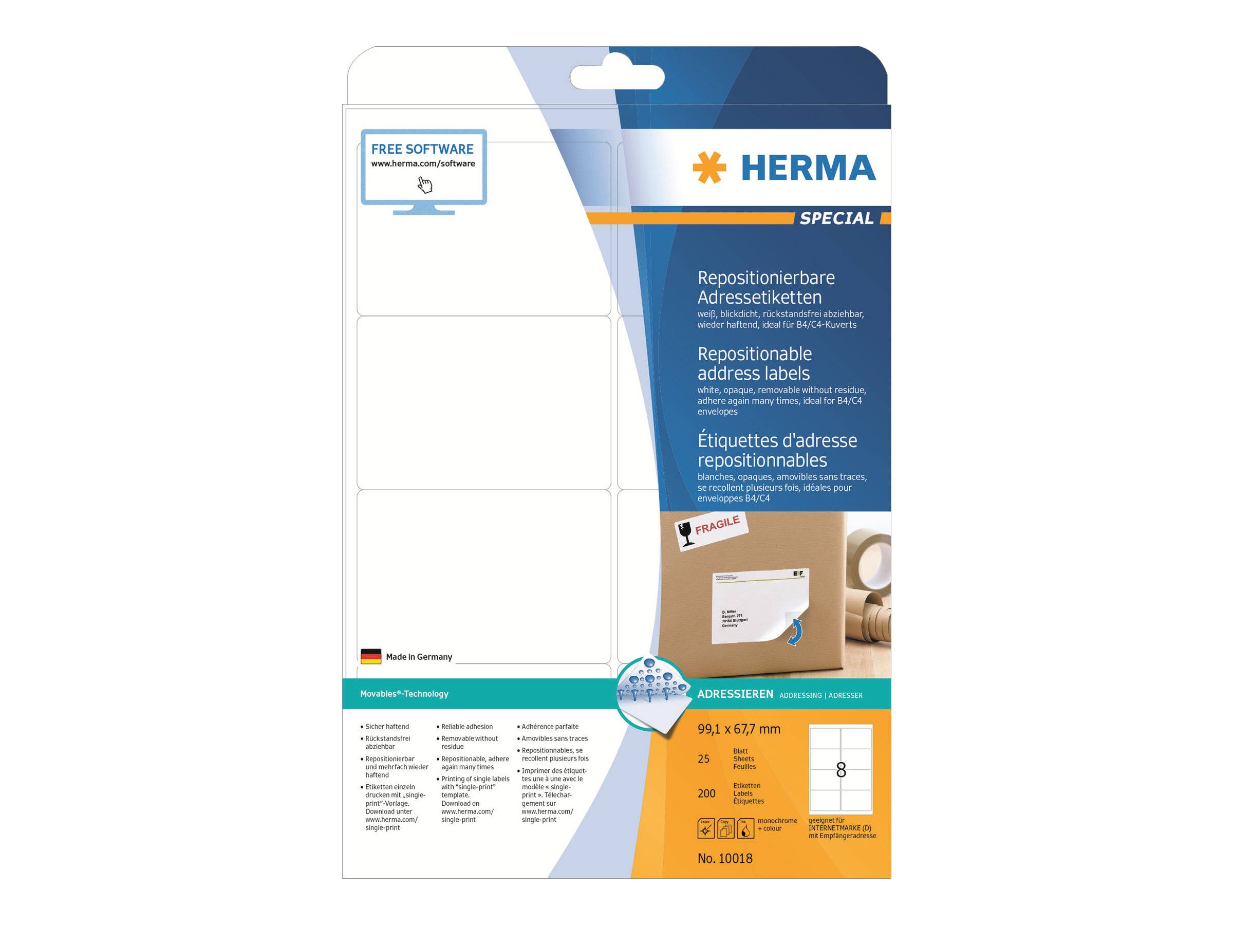 HERMA Special - Papier - matt - selbstklebend, neu positionierbar - weiß - 99.1 x 67.7 mm 200 Etikett(en) (25 Bogen x 8)