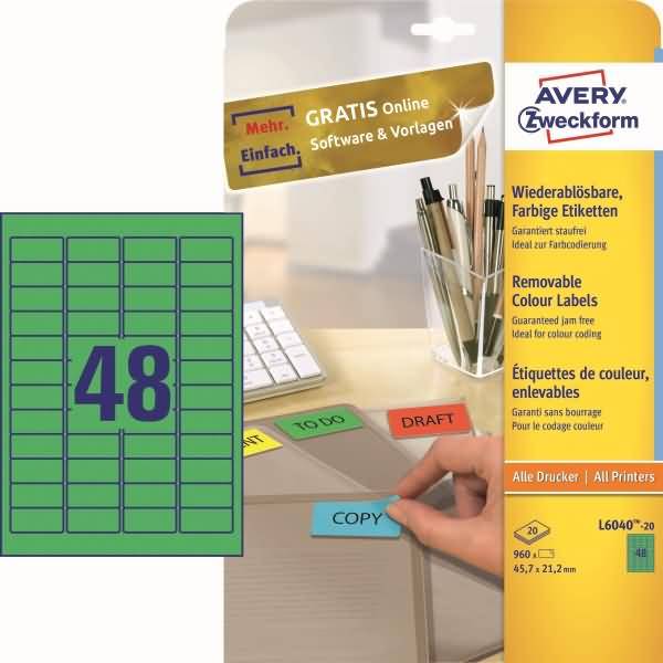 AVERY ZWECKFORM - Avery L6040 - Grün - 21.2 x 45.7 mm 960 Stck. (20 Bogen x 48)