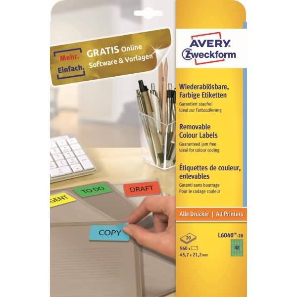 AVERY ZWECKFORM - Avery L6040 - Grün - 21.2 x 45.7 mm 960 Stck. (20 Bogen x 48)