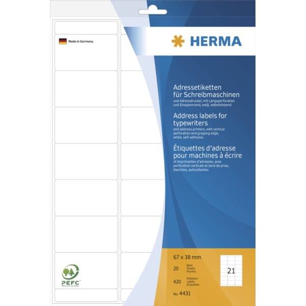 HERMA - Papier - permanenter Klebstoff - Mattes Weiß - 67 x 38 mm 420 Etikett(en) (20 Bogen x 21)