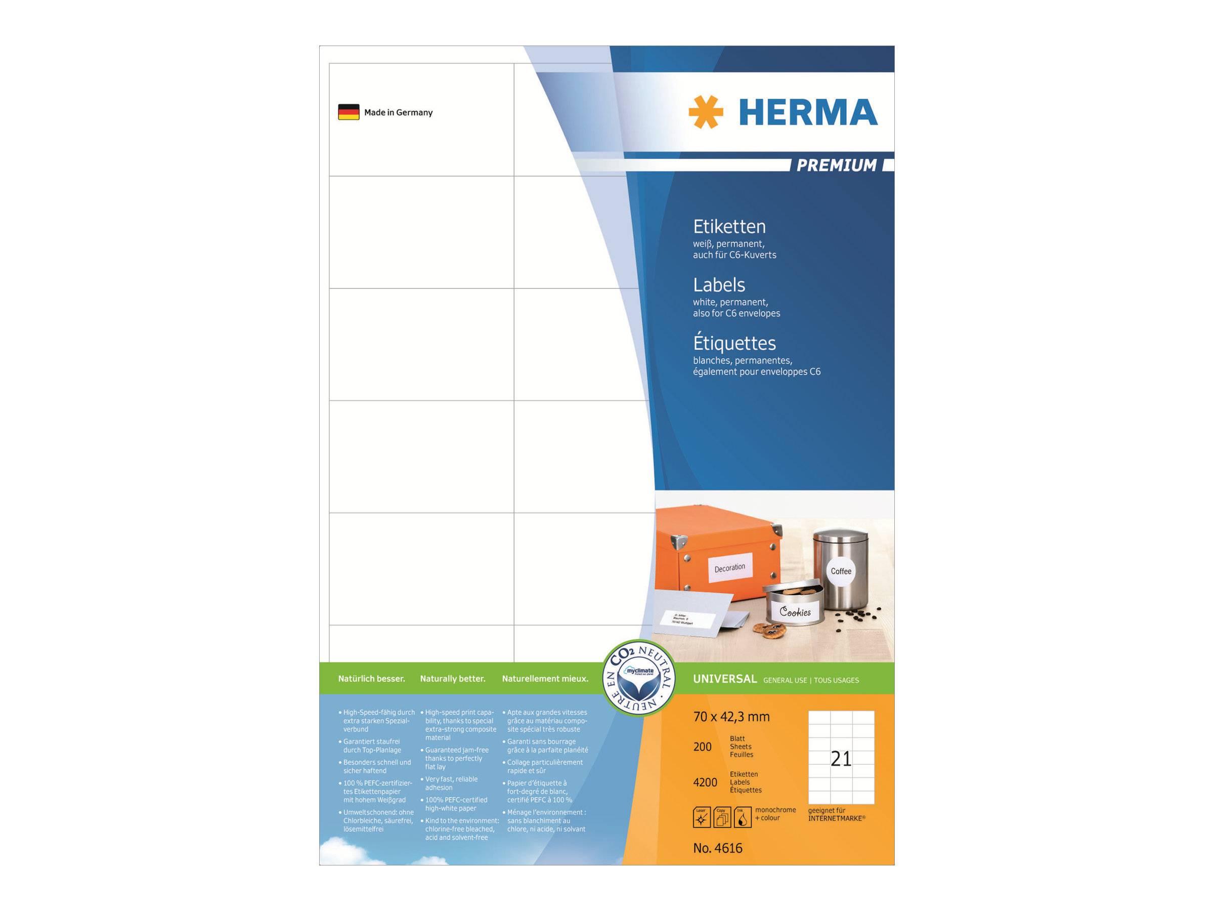 HERMA Premium - Papier - matt - permanent selbstklebend - weiß - 70 x 42.3 mm 4200 Etikett(en) (200 Bogen x 21)