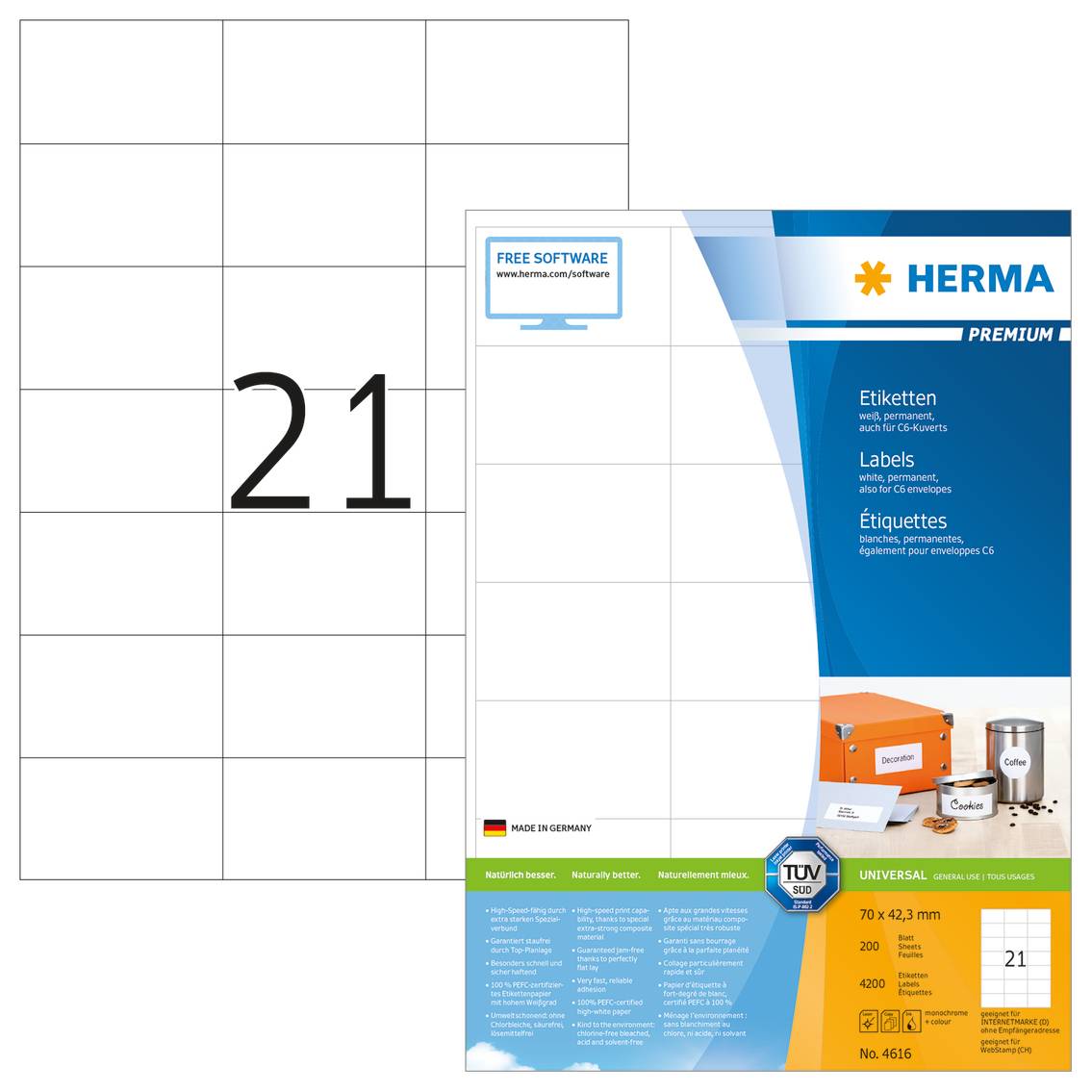 HERMA Premium - Papier - matt - permanent selbstklebend - weiß - 70 x 42.3 mm 4200 Etikett(en) (200 Bogen x 21)