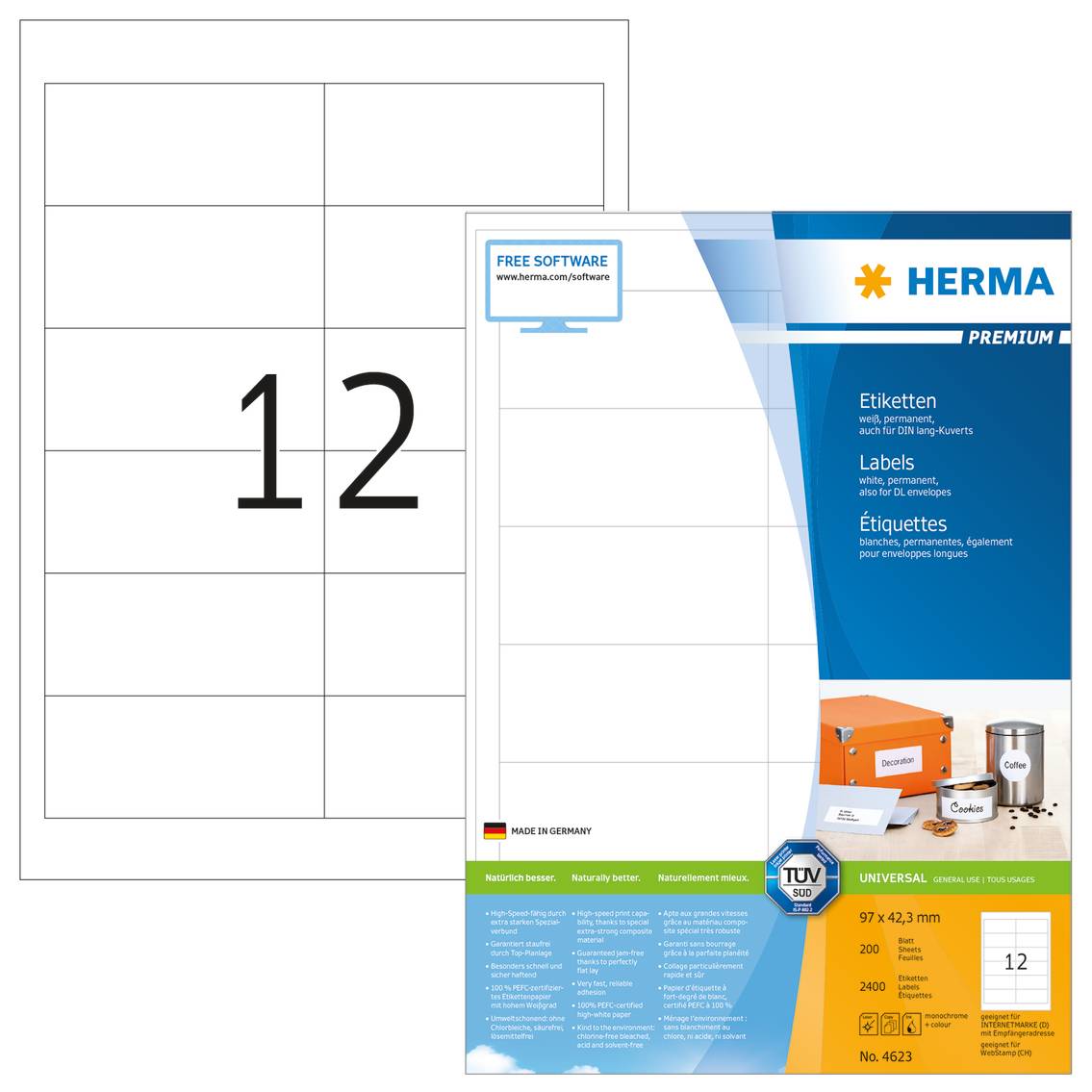 Herma 4623 Universal-Etiketten 97 x 42.3mm Papier Weiß 2400 St. Permanent haftend Tintenstrahldrucker, Laserdrucker