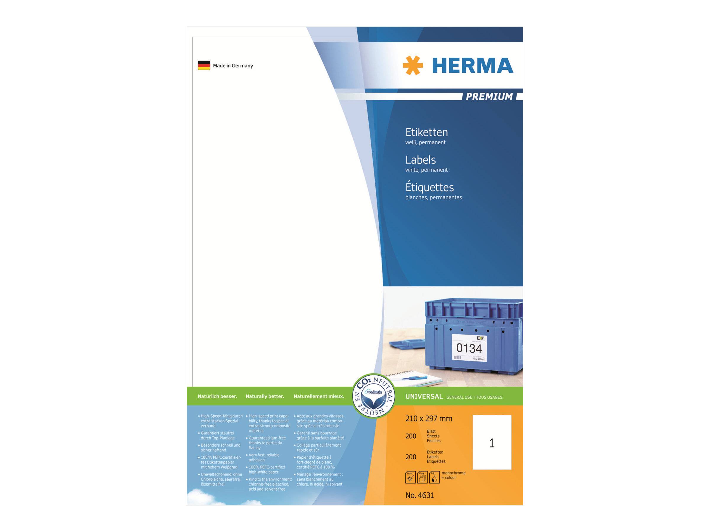 Herma 4631 Universal-Etiketten 210 x 297mm Papier Weiß 200 St. Permanent haftend Tintenstrahldrucker, Laserdrucker