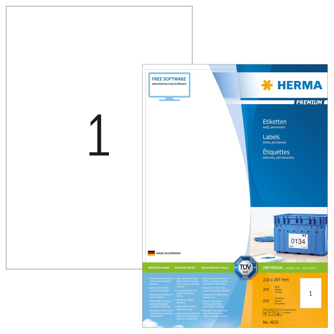 Herma 4631 Universal-Etiketten 210 x 297mm Papier Weiß 200 St. Permanent haftend Tintenstrahldrucker, Laserdrucker