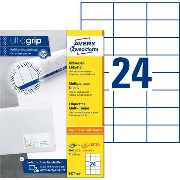 Universal-Etiketten ultragrip 70x37 mm VE=5.280 Etiketten / 220 Bogen weiß