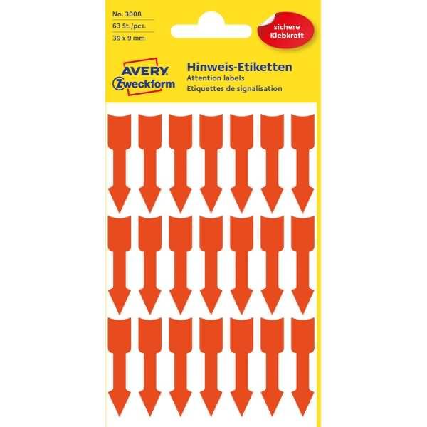 Hinweisetiketten Pfeile 39x9mm leuchtrot VE=63 Stück