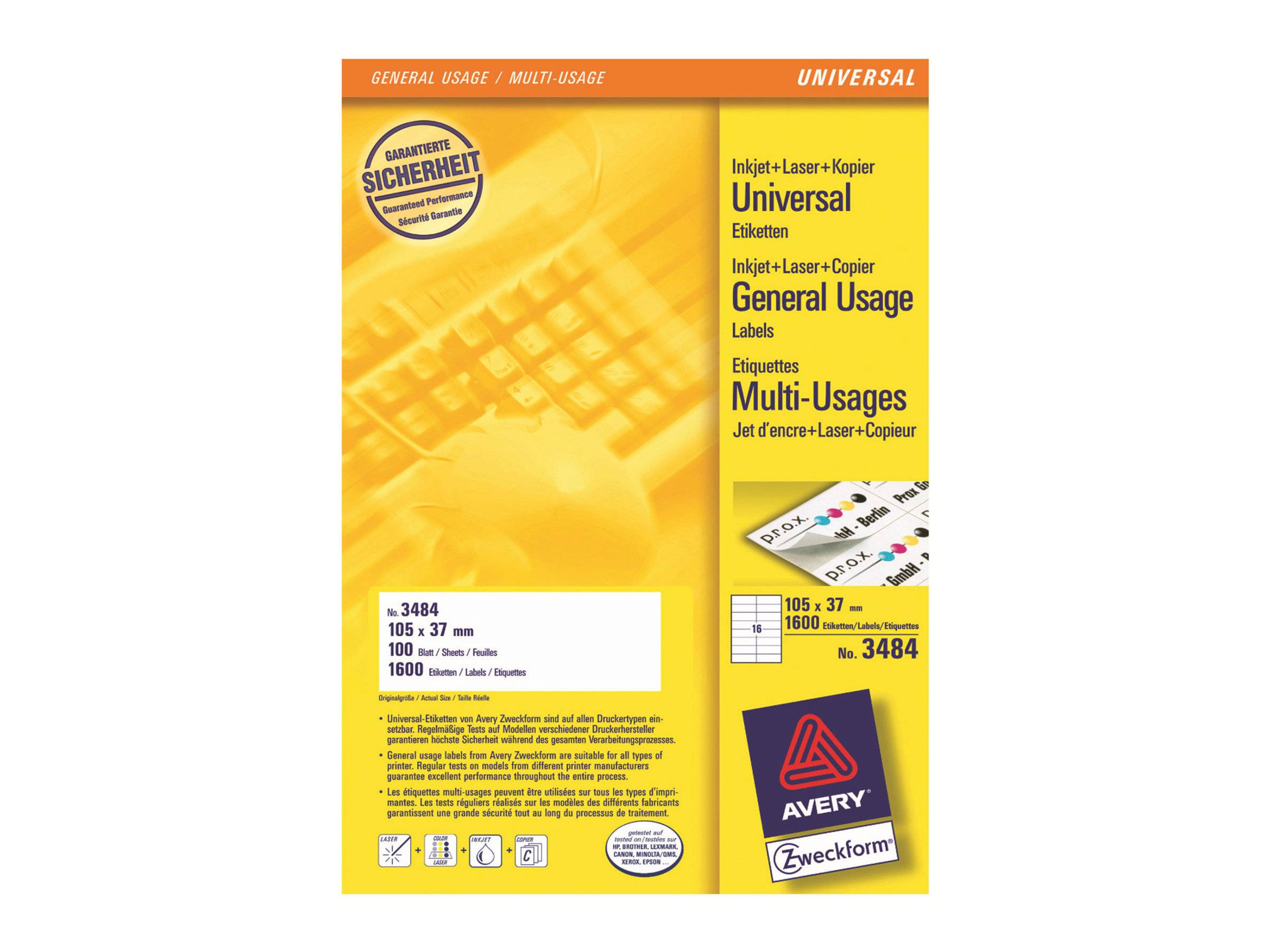 Avery Zweckform Universelle Mehrzwecketiketten Packung für Inkjet-, Laser- und Kopierer-Drucker, 105 x 37 mm, 1600 Etiketten, Produktnummer 3484.