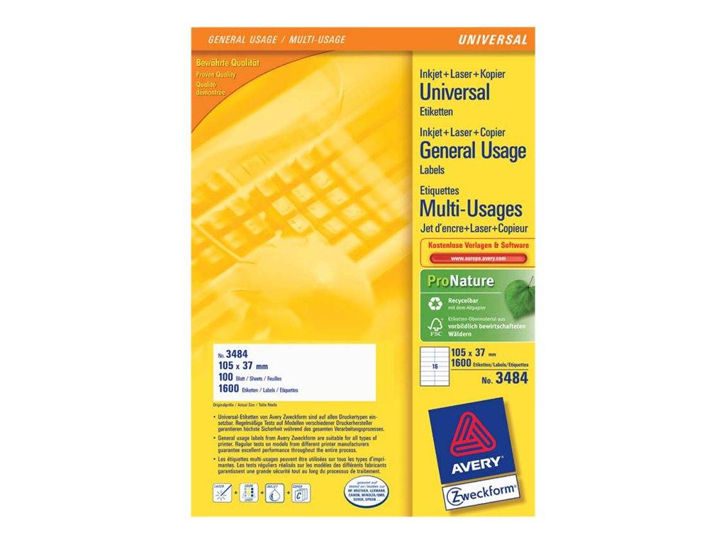 Avery Zweckform Universal Etiketten Packung, gelbe Schachtel für Inkjet-, Laser- und Kopiererdruck, mit Produktnummer 3484 und Etikettengröße 105 x 37 mm.