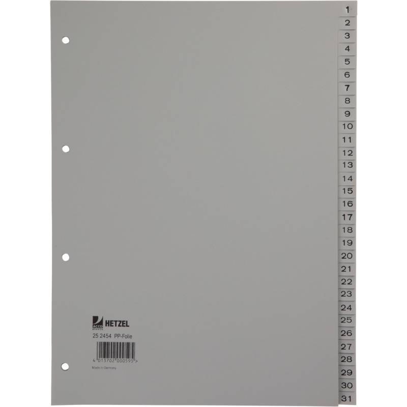 HETZEL Kunststoffregister Zahlen/25245481 A4 grau Polypropylen 1-31