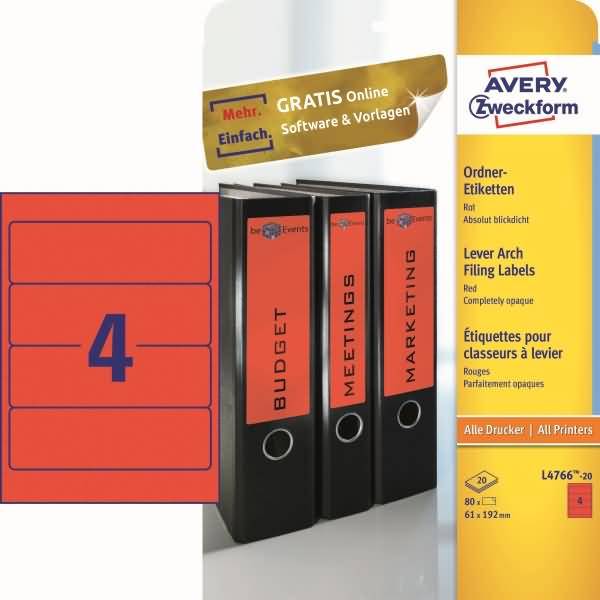Avery Zweckform L4766-20 Ordner-Etiketten, A4 mit ultragrip, 61 x 192 mm, 20 Bogen/80 Etiketten, rot