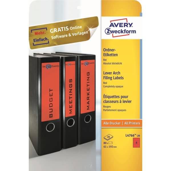 Avery Zweckform L4766-20 Ordner-Etiketten, A4 mit ultragrip, 61 x 192 mm, 20 Bogen/80 Etiketten, rot