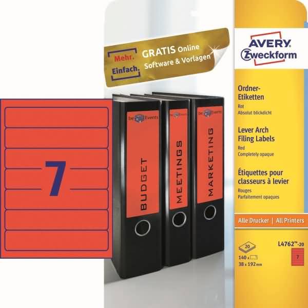 Avery Zweckform L4762-20 Ordner-Etiketten, A4 mit ultragrip, 38 x 192 mm, 20 Bogen/140 Etiketten, rot