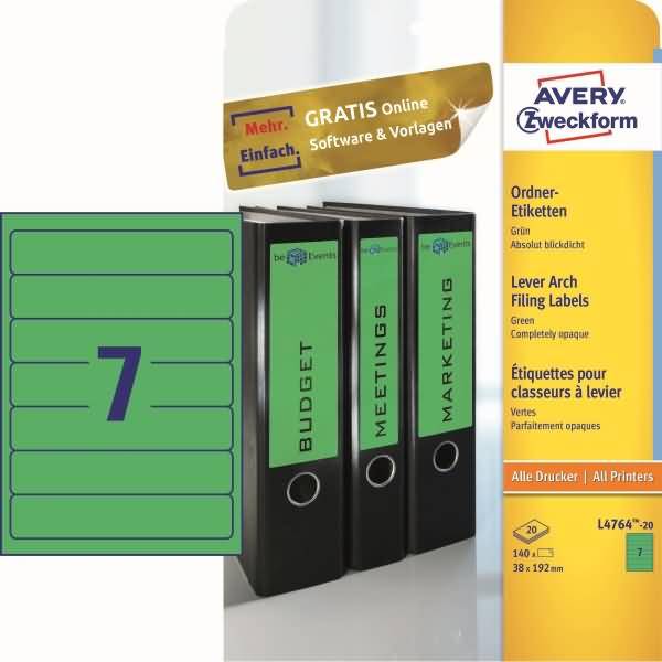 Avery Zweckform L4764-20 Ordner-Etiketten, A4 mit ultragrip, 38 x 192 mm, 20 Bogen/140 Etiketten, grün