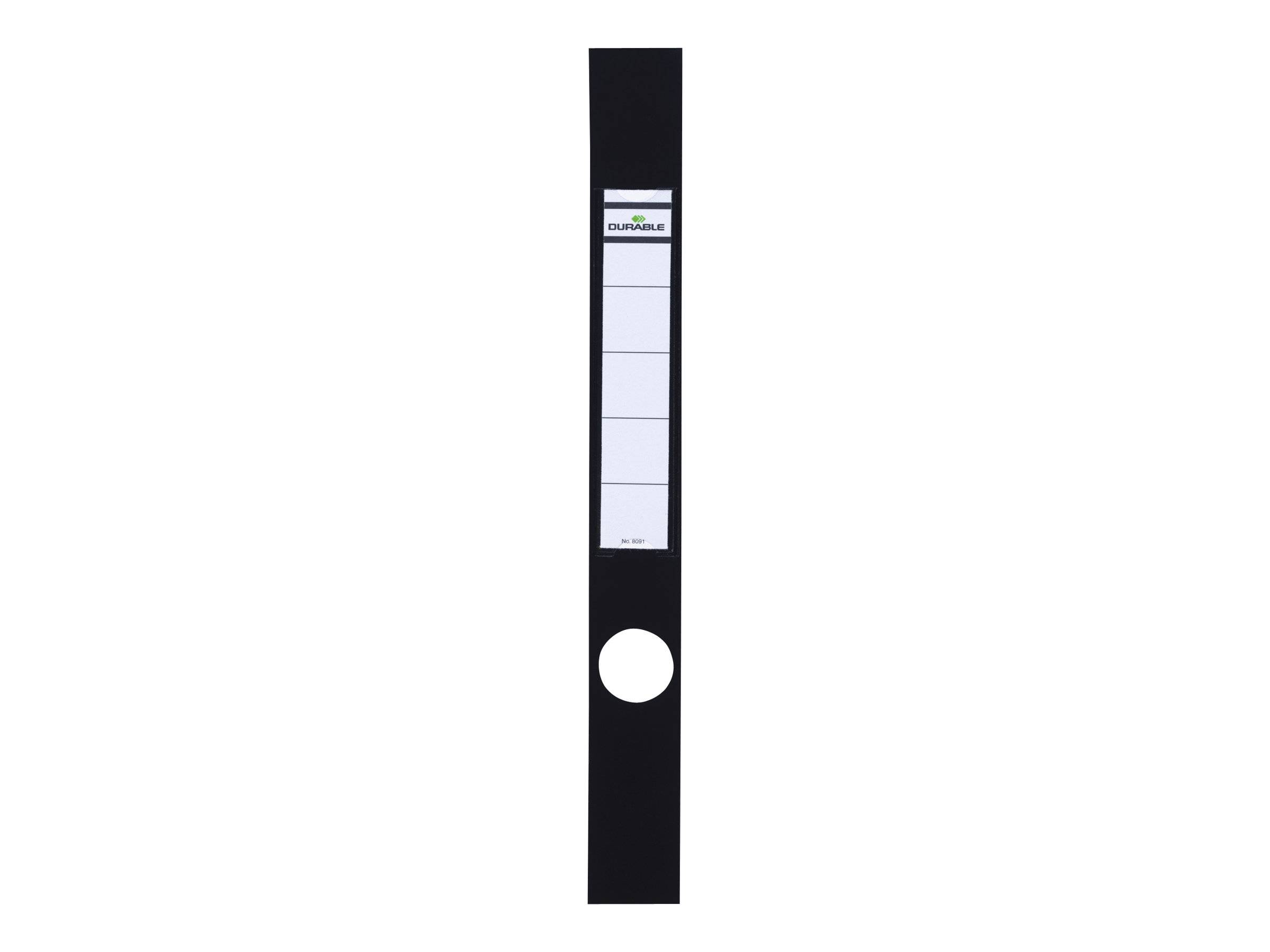 Schwarzes vertikales Ordnerrückenschild mit kleinem „DURABLE