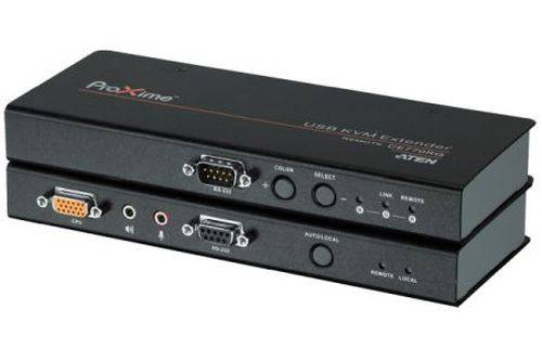 Schwarze KVM-Switchbox mit zwei VGA-Anschlüssen, Audio-Buchsen, seriellem Port und vorderen Tasten zum Umschalten zwischen Computern.