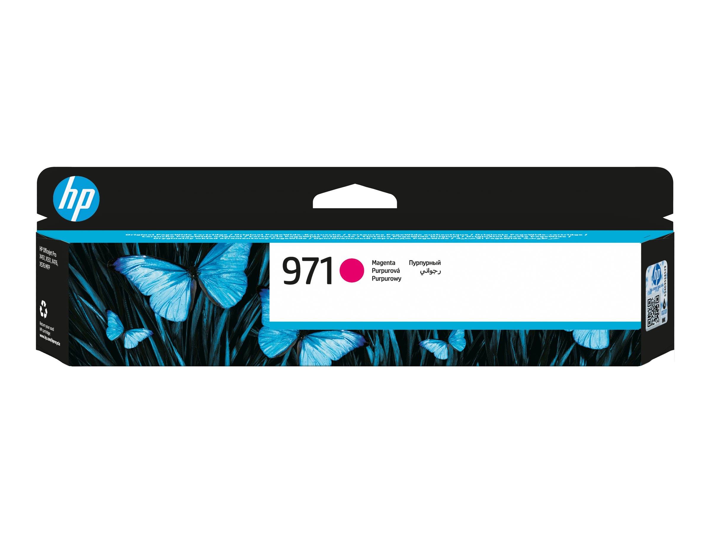 HP 971 Magenta-Tintenpatrone mit blauem Schmetterlingsdesign und 