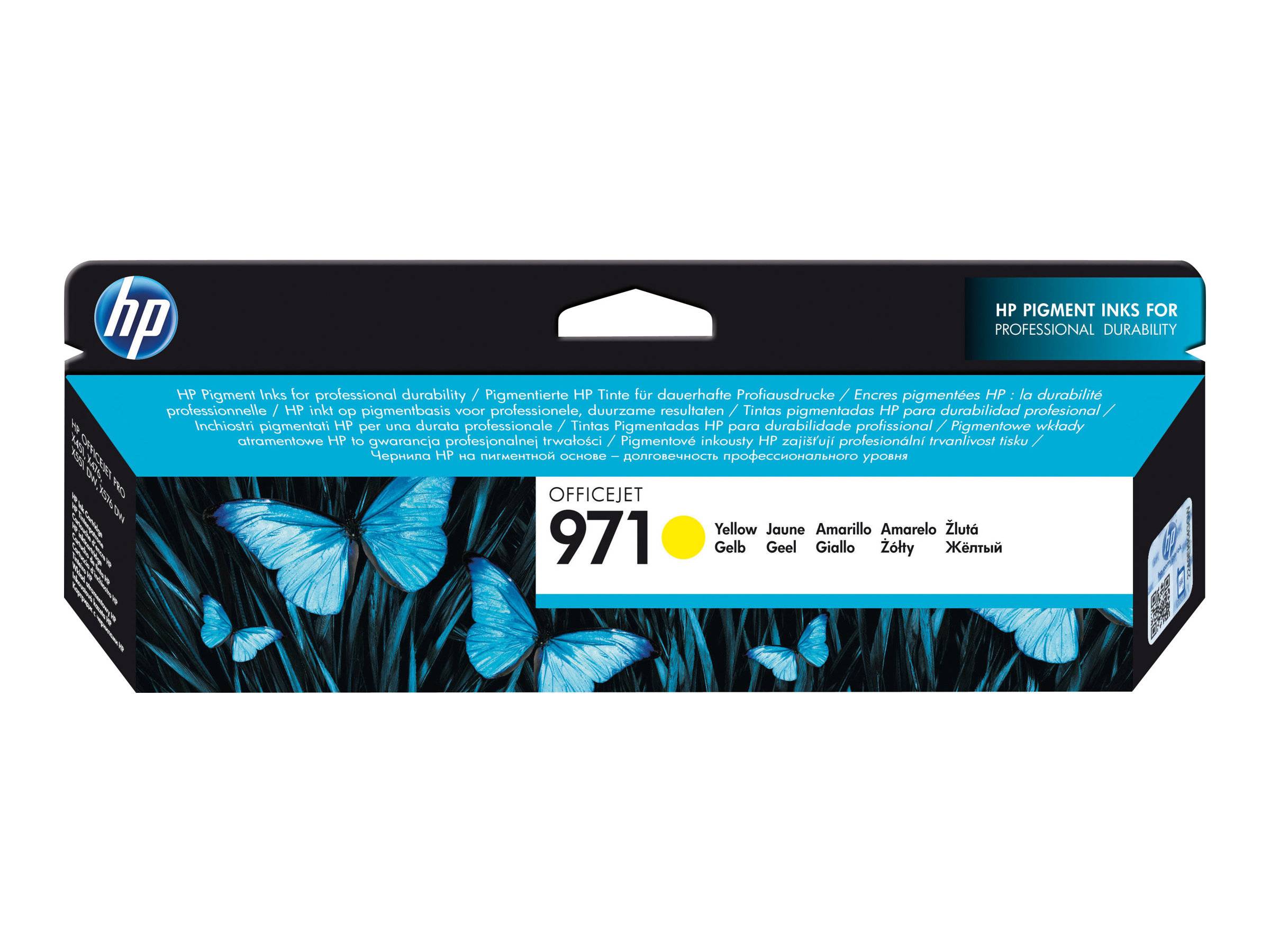 HP Officejet 971 Gelbe Tintenpatrone mit Schachtel mit blauem Schmetterlingsdesign und Aufkleber „HP Pigment Inks for Professional Durability