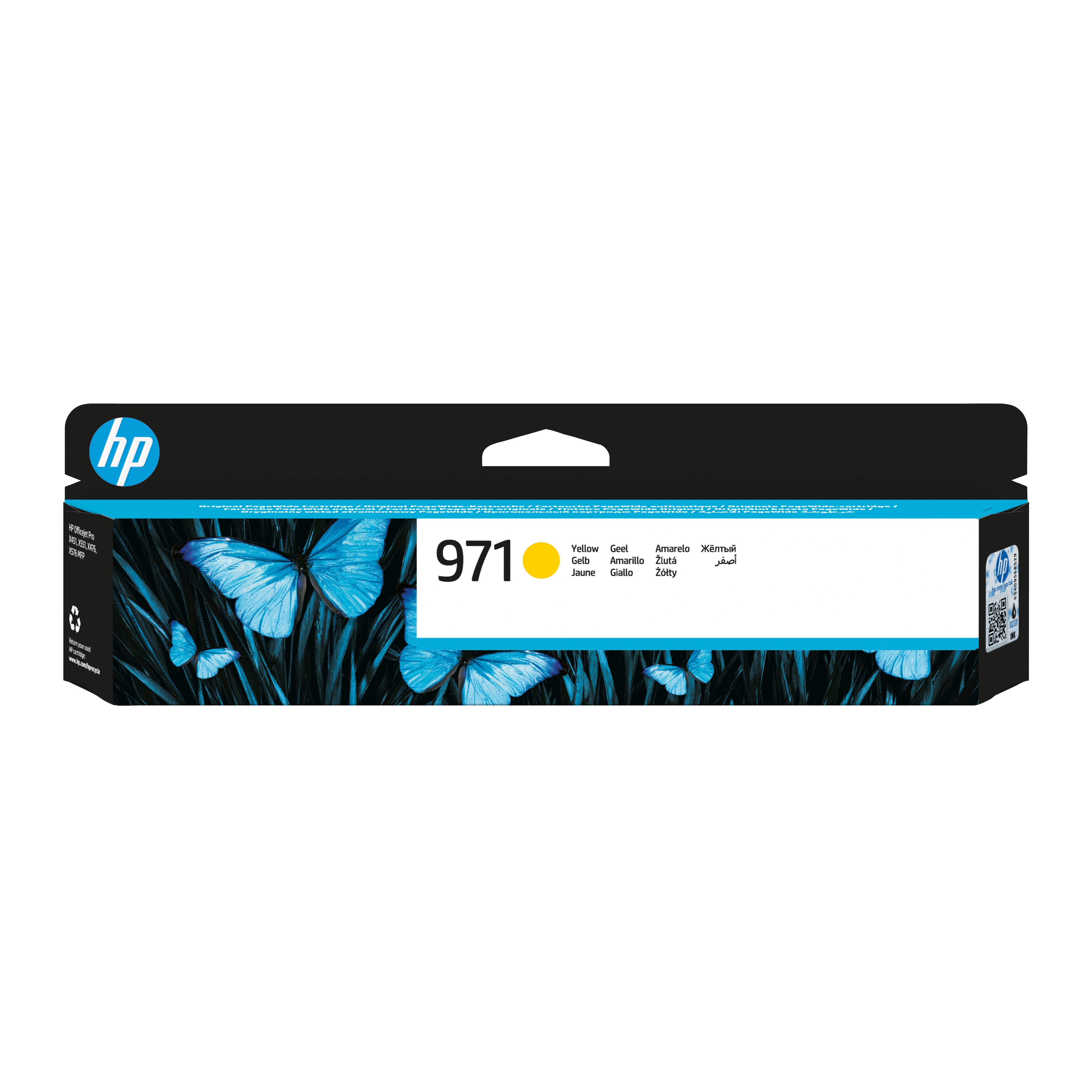 HP 971 gelbe Tintenpatrone mit Schachtung mit blauem Schmetterlingsdesign und 