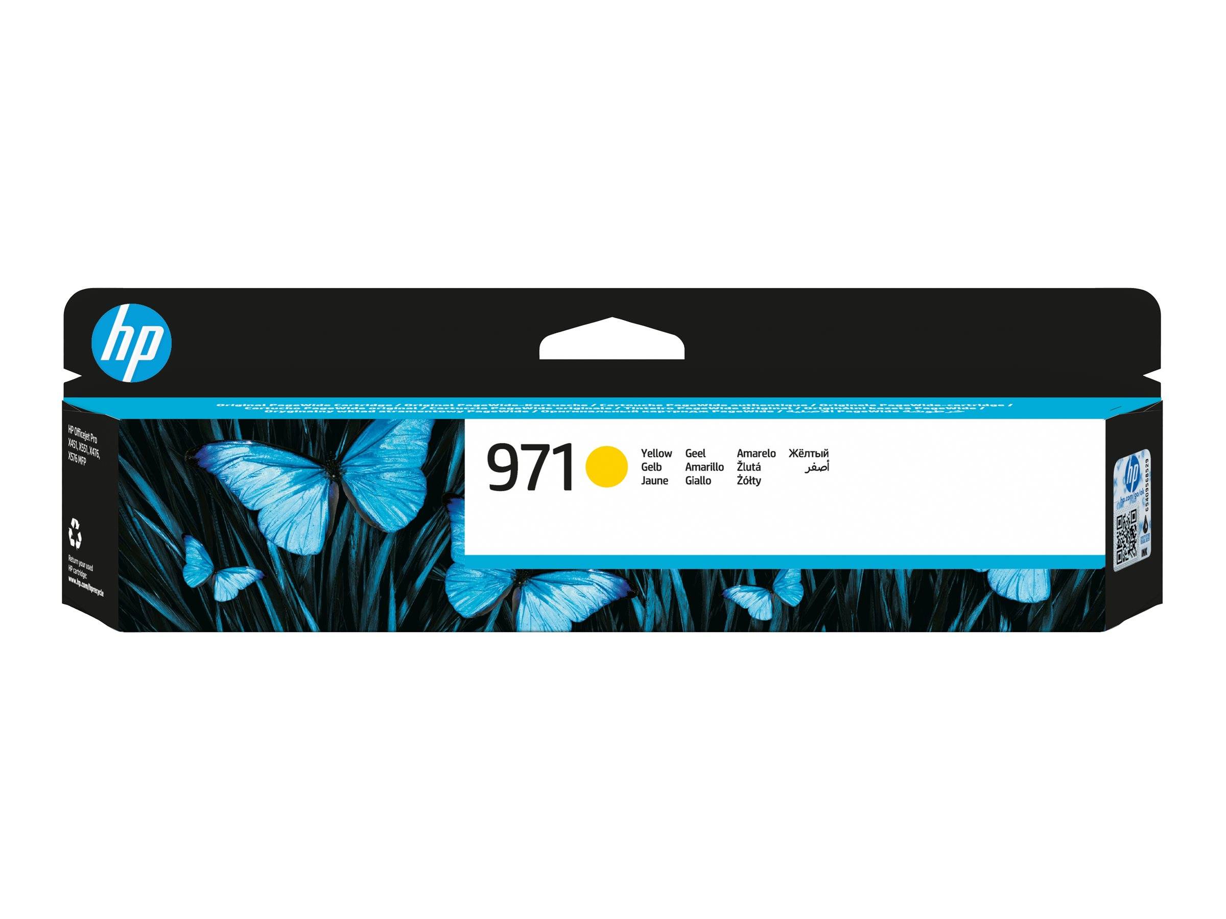 HP 971 gelber Tintenpatrone Karton mit blauem Schmetterlingsdesign und Produktetikett.