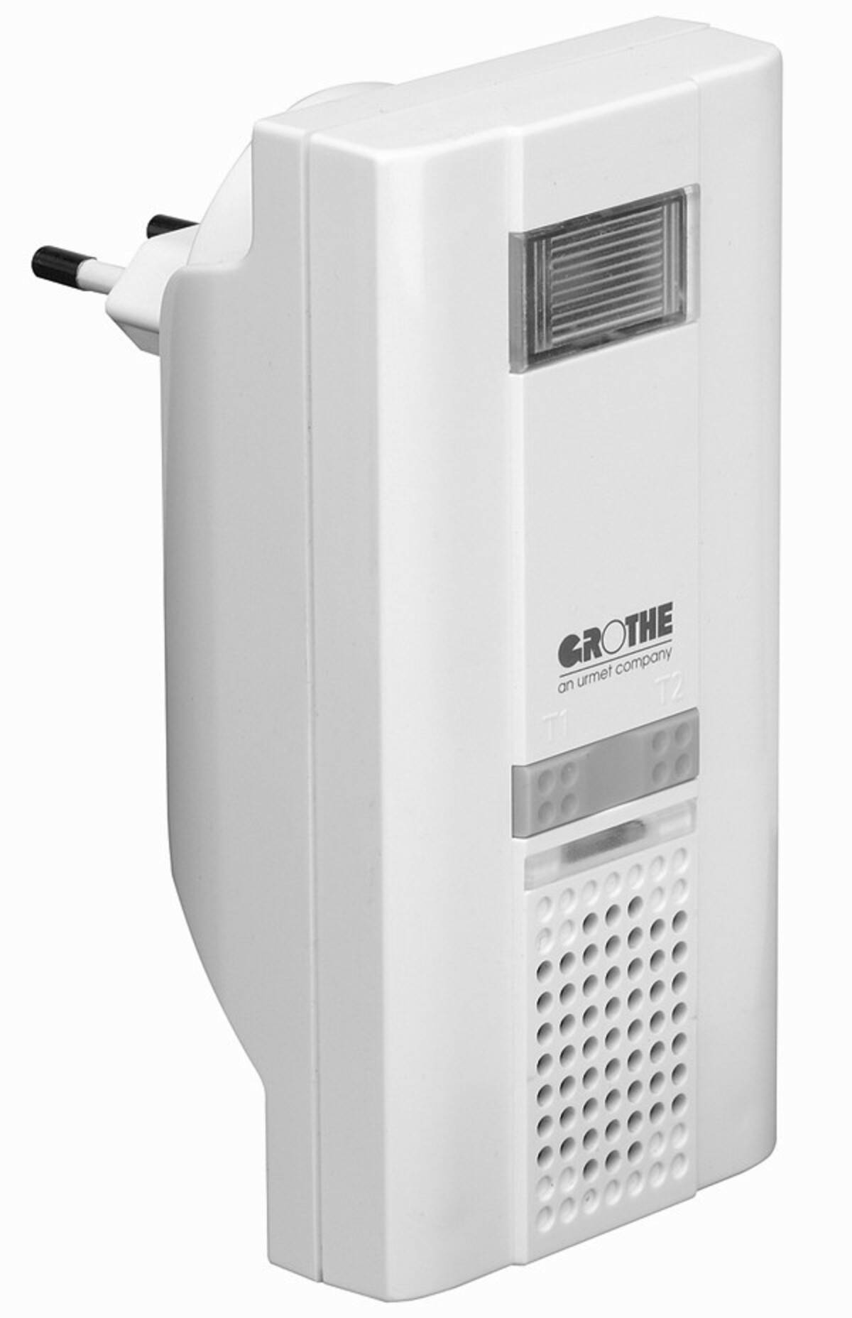 Weißer Grothe Ultraschall-Schädlingsbekämpfer als Steckermodul mit belüftetem Lautsprechergitter und Anzeiagefenster, dargestellt vor einfachem Hintergrund.