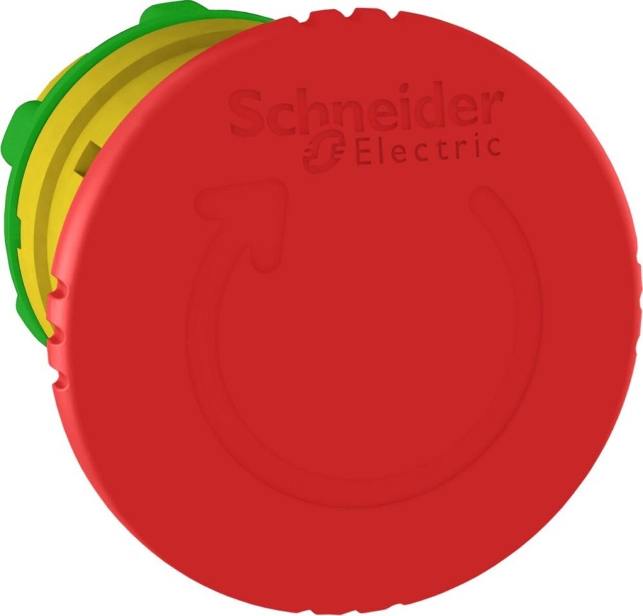 Roter Schneider Electric Notausschalter mit grünem und gelbem Auflagering, Vorderansicht auf weißem Hintergrund.