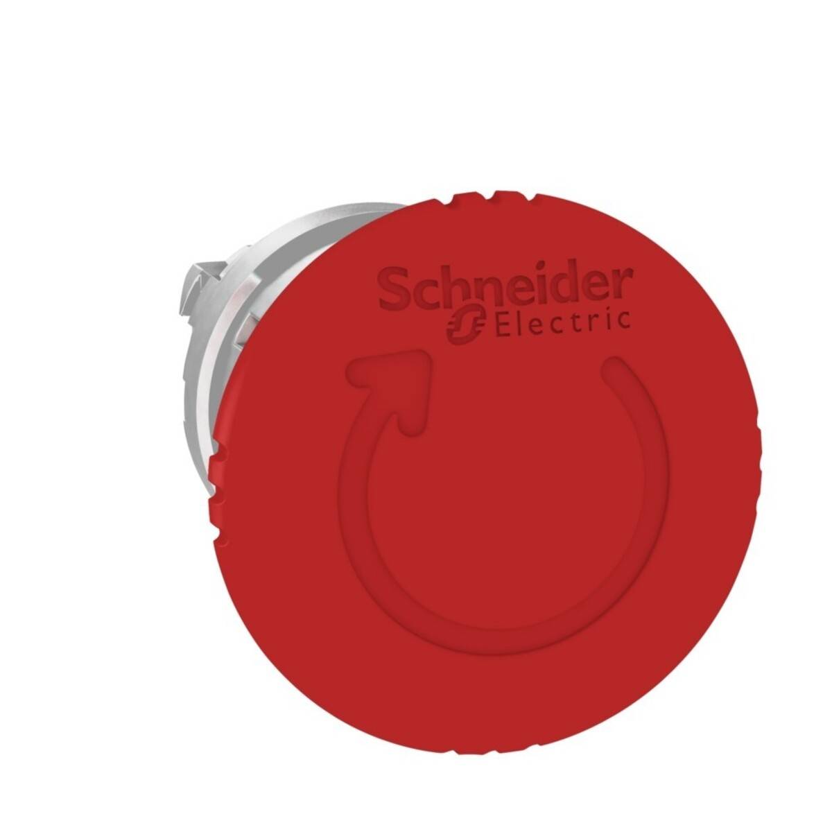 Roter Not-Aus-Druckknopf von Schneider Electric mit kreisförmigem Dreh-zum-Freigeben-Symbol auf weißem Hintergrund