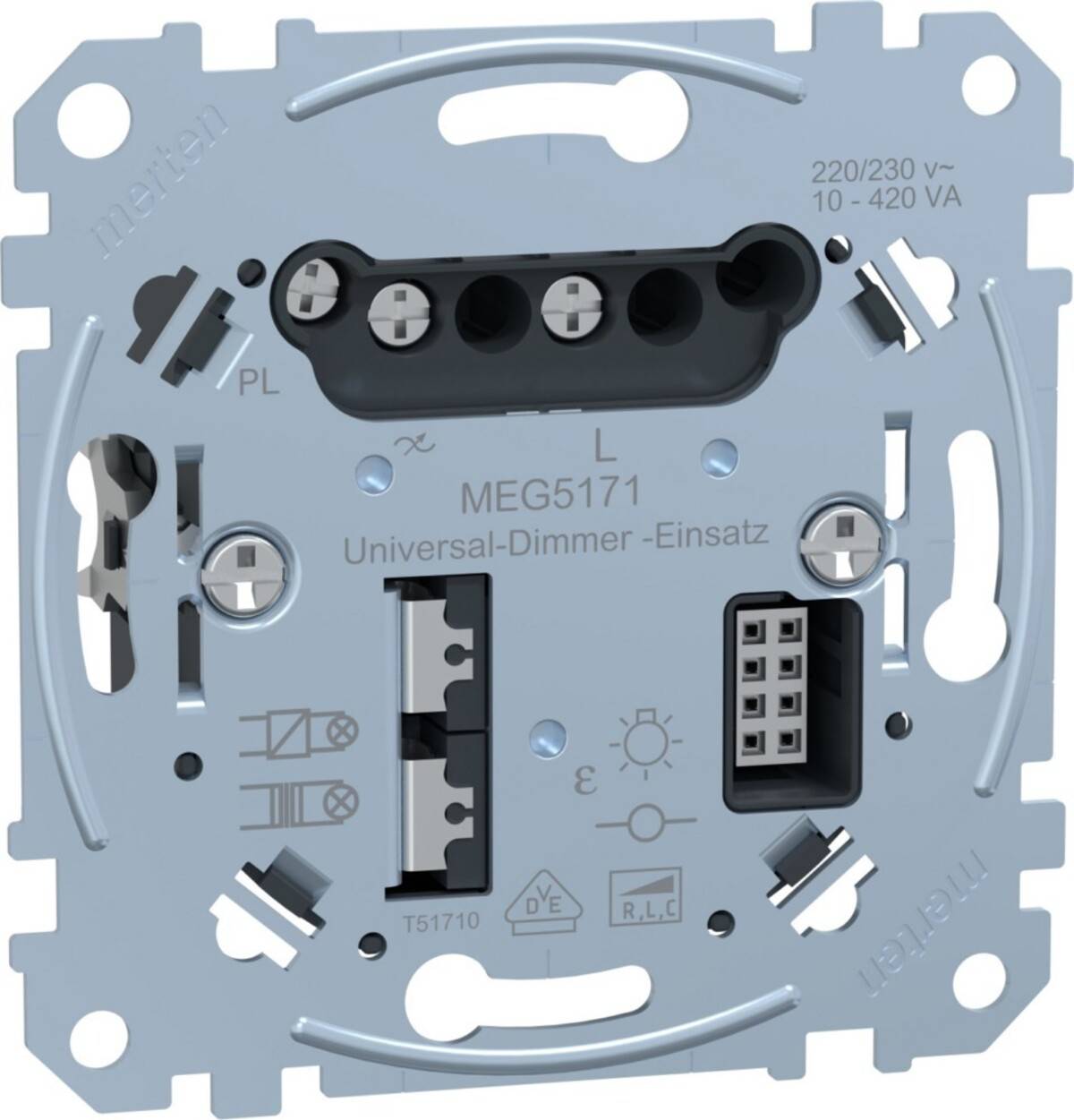 Rückansicht eines modularen universellen Dimmer-Einsatzes mit der Bezeichnung „MEG5171 Universal-Dimmer-Einsatz