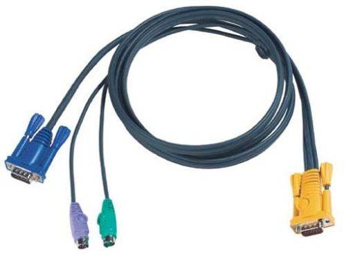 Ein VGA-ähnliches Kabel mit einem blauen Stecker an einem Ende und einem gelben Stecker am anderen Ende, plus zwei kleine violette und grüne Stecker, die vom Kabel abzweigen.