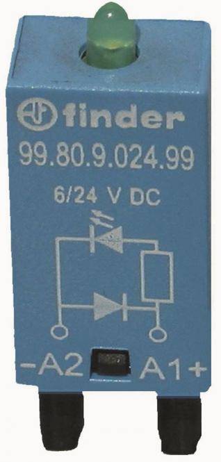 Blue Finder Relaismodul mit Bezeichnung 99.80.9.024.99, 6/24 V DC, mit Schaltplan und grüner Status-LED.
